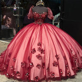 Burgundy Red Quinceanera Dress 3D Floral Applique Sweetheart Neckline Tulle Ball Gown for Sweet 15 & 16 Celebrations